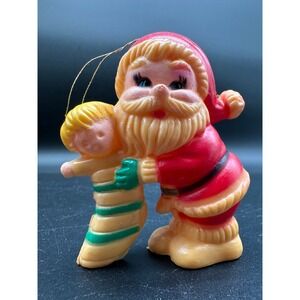 Vintage Blow‎ Mold Santa Ornament Holding Doll in Stocking Christmas Plastic